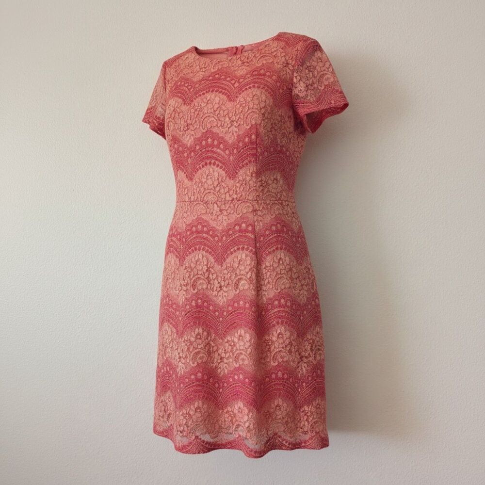 Perceptions PM Coral Lace Sheath Shift Dress Floral Scallop Lined Midi